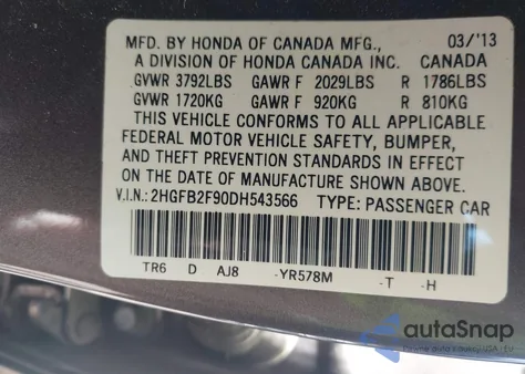 2013 Honda Civic Ex-L from USA, damaged, VIN 2HGFB2F90DH543566